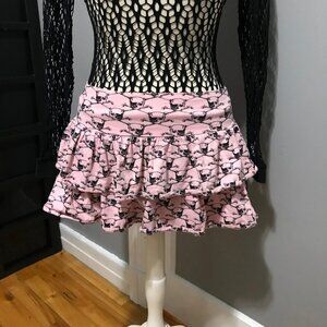 Y2K Vexy Pink Black Skull Ruffle Mini Skirt Mall Goth Emo Punk Rock SMALL MEDIUM
